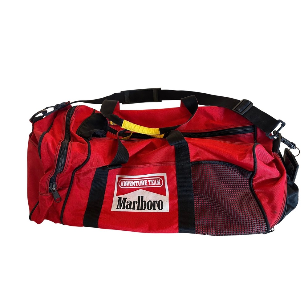 Vintage Marlboro Adventure Team Duffel‎ Bag Red Black Travel Gym Luggage Tag 90s